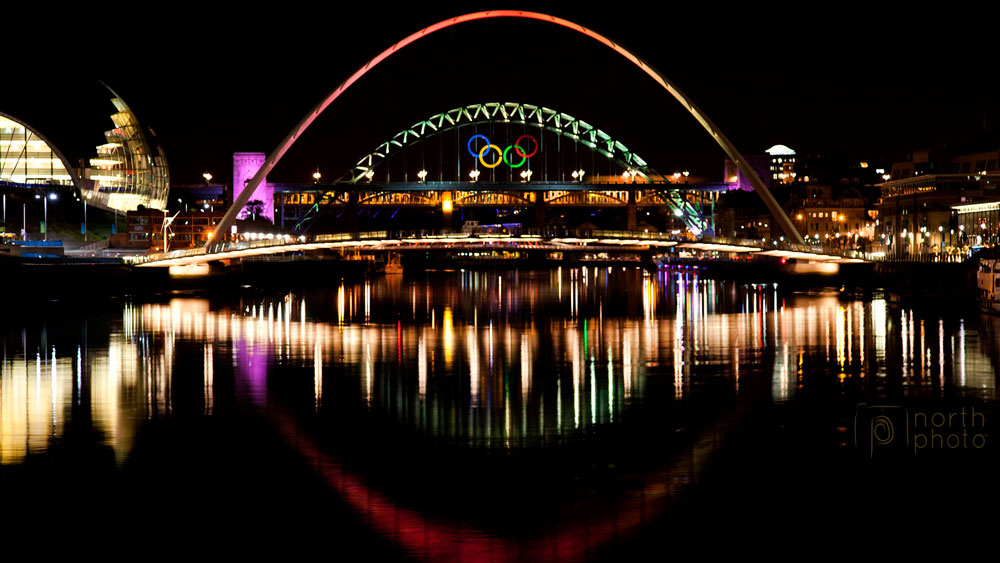 Olympic Rings on the Tyne Bridge with the surrounding Quayside